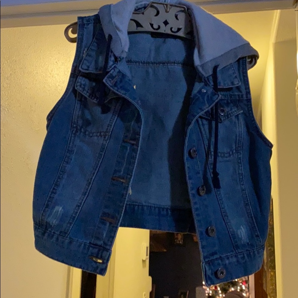 Distressed cropped jean vest with a hood